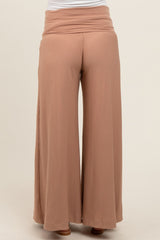 Mocha Ribbed Foldover Waist Maternity Wide Leg Pants