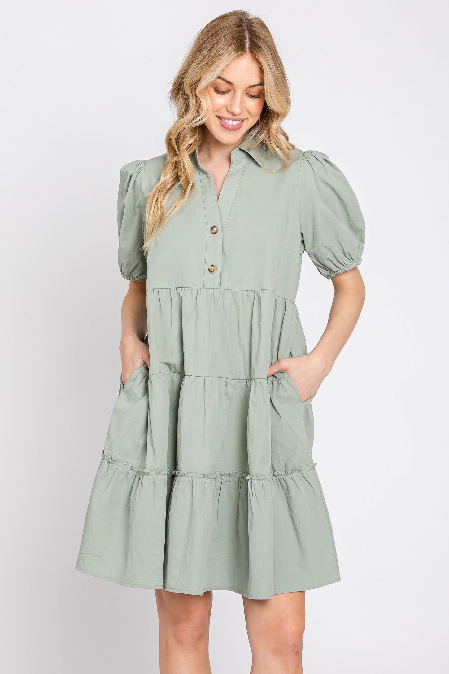 Light Olive Collared Tiered Maternity Dress
