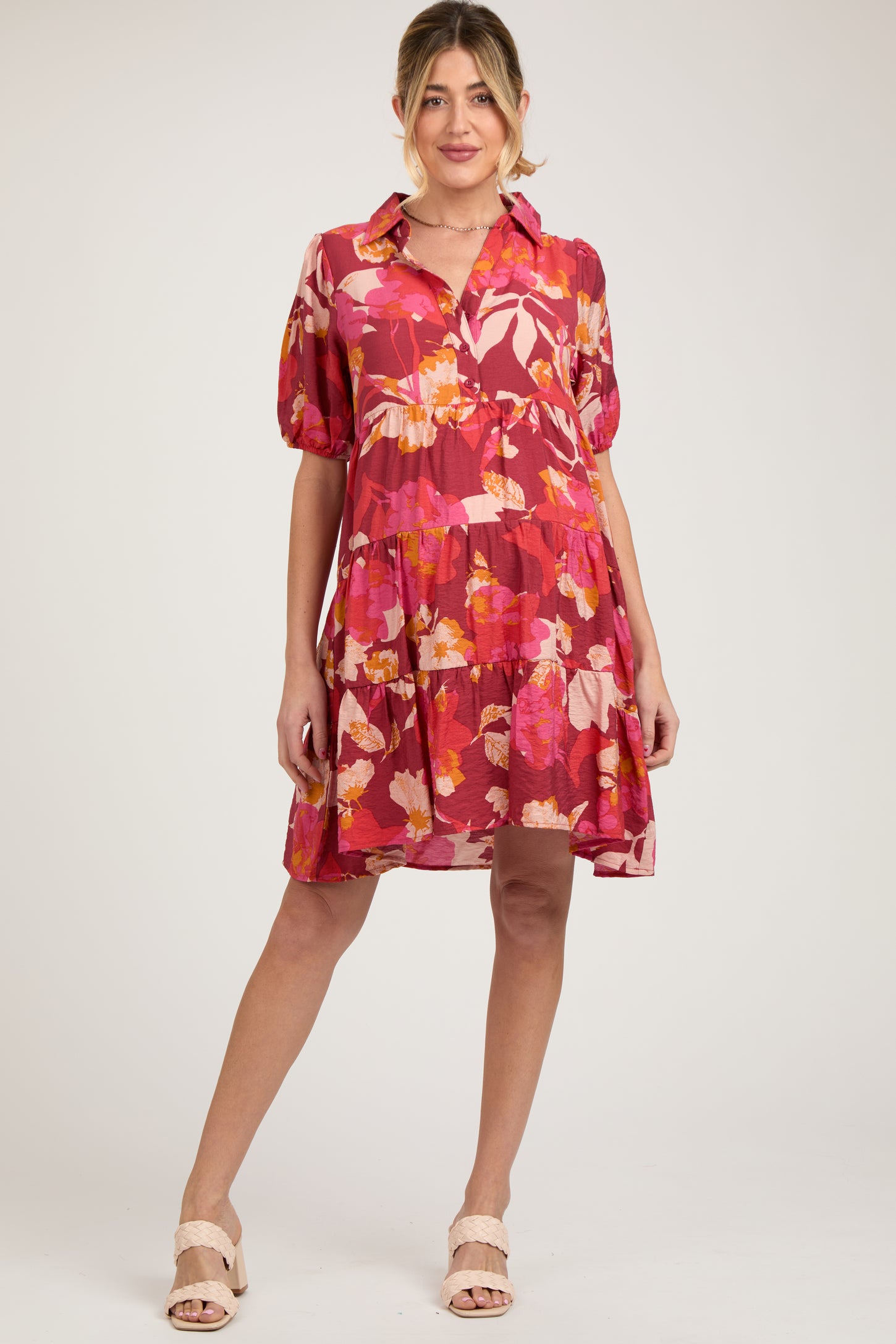 Burgundy Printed Puff Sleeve Maternity Tiered Dress