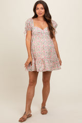Cream Floral Sweetheart Neck Short Puff Sleeve Maternity Dress