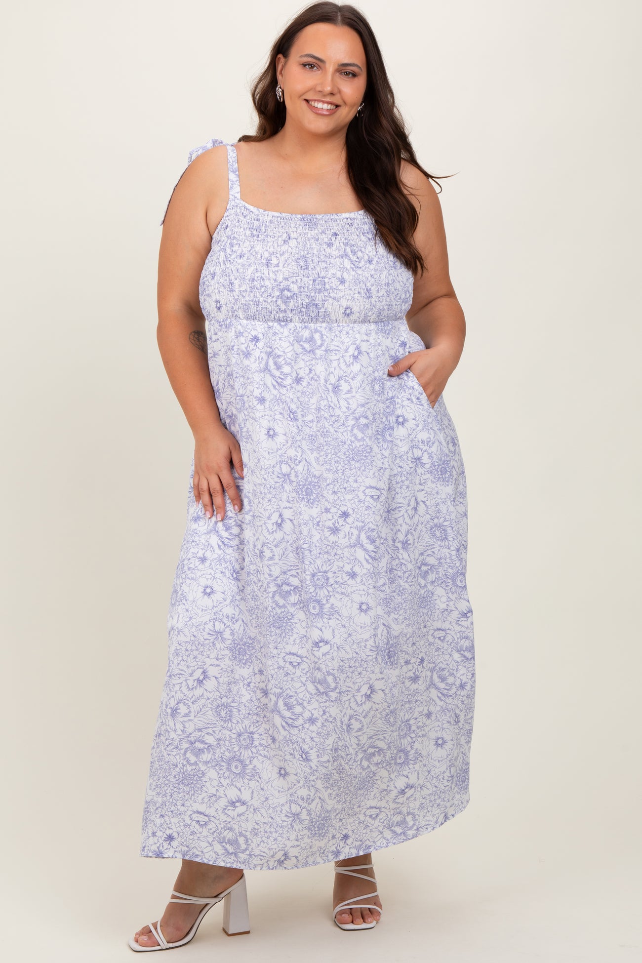 White Blue Floral Tie Strap Plus Maxi Dress