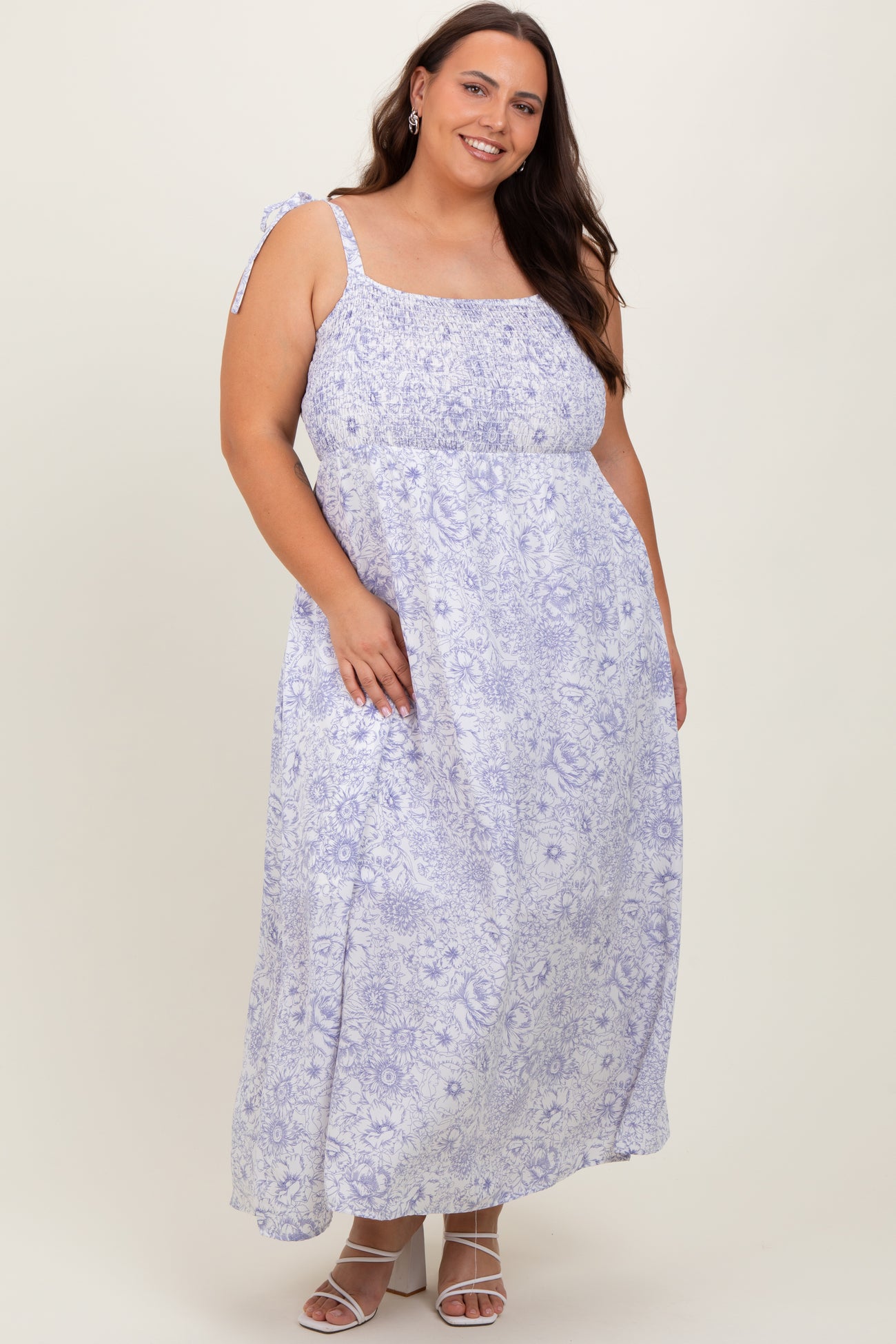 White Blue Floral Tie Strap Plus Maxi Dress