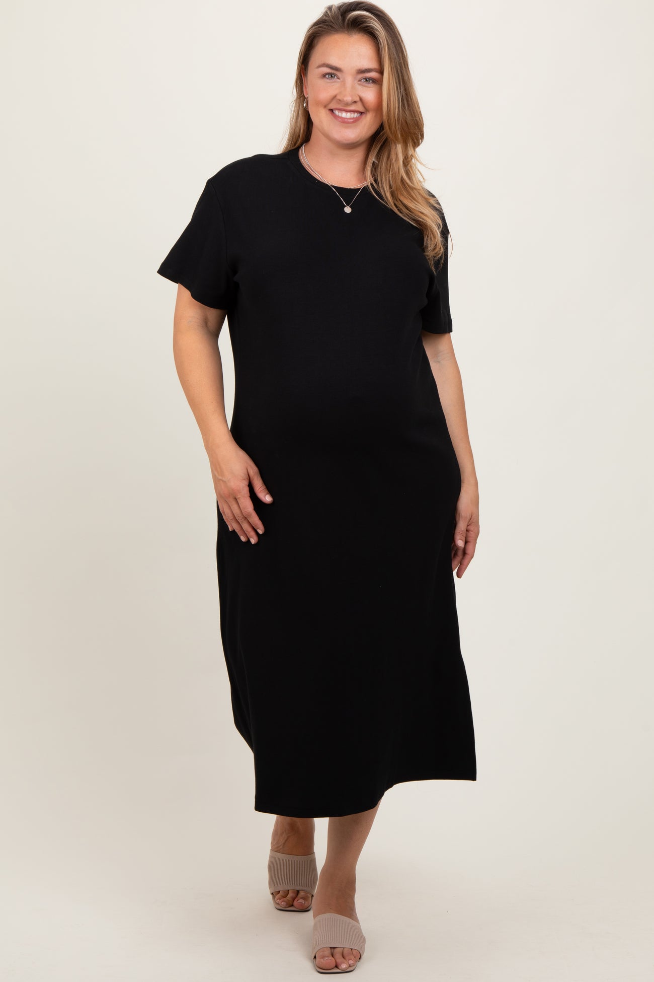 Black Short Sleeve Side Slit Maternity Plus T-Shirt Midi Dress