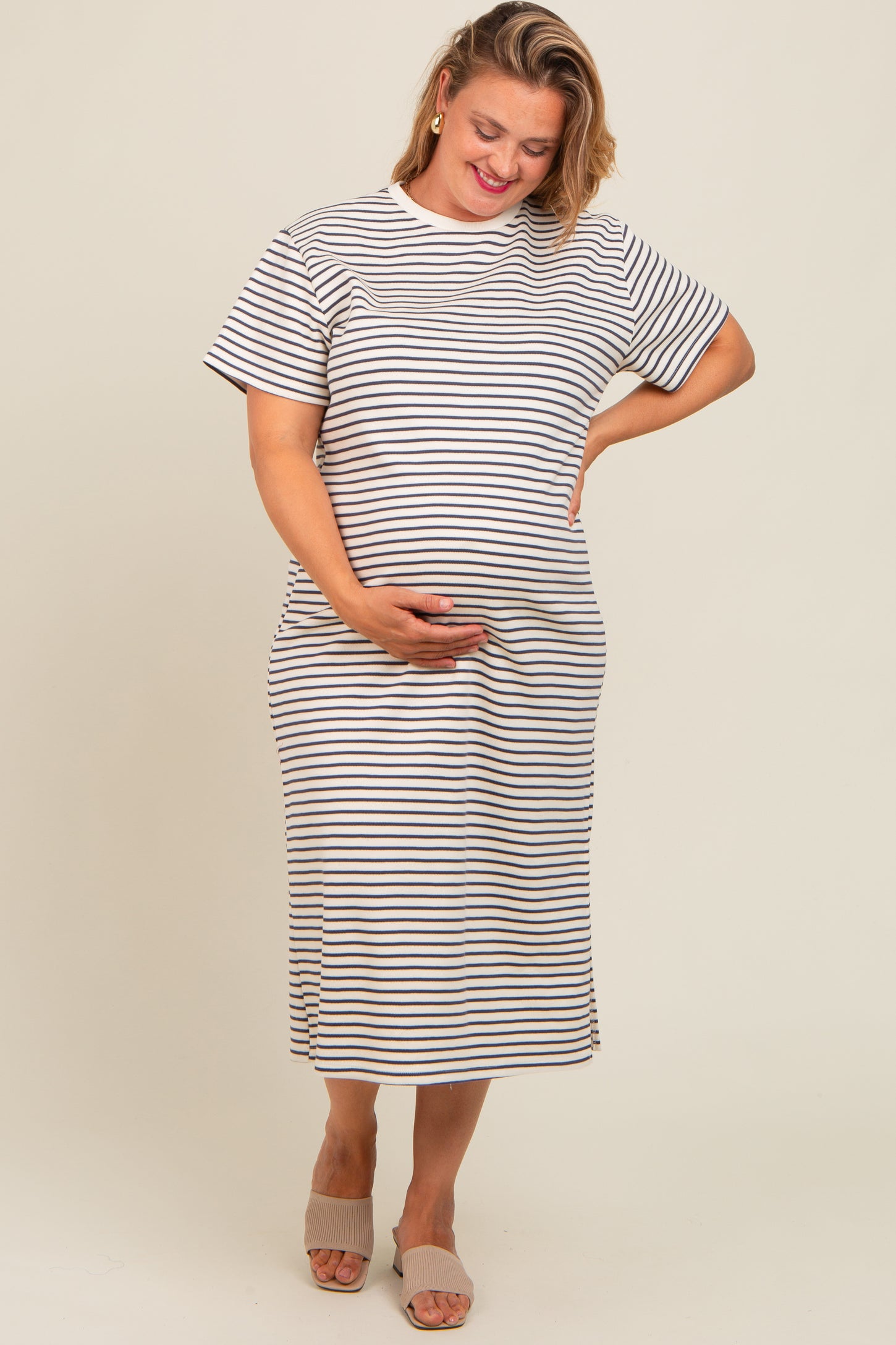 Navy Striped Short Sleeve Maternity Plus T-Shirt Midi Dress