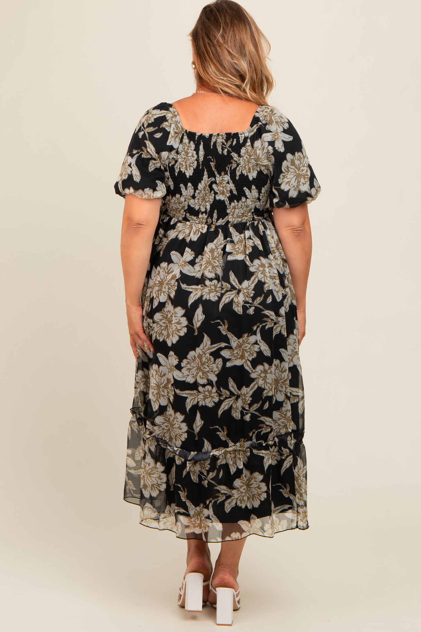 Black Floral Chiffon Ruffle Hem Maternity Plus Midi Dress