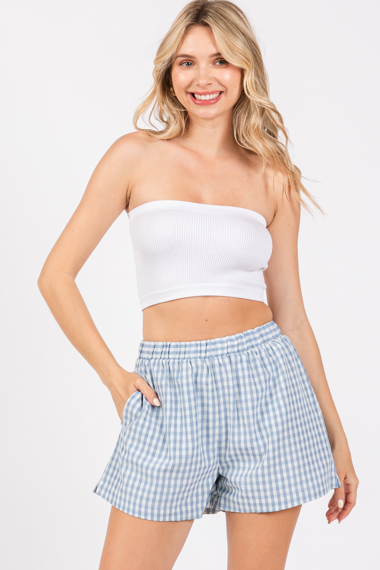 Blue Gingham Front Pocket Maternity Shorts