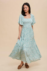 Green Floral Smocked Tiered Maternity Maxi Dress
