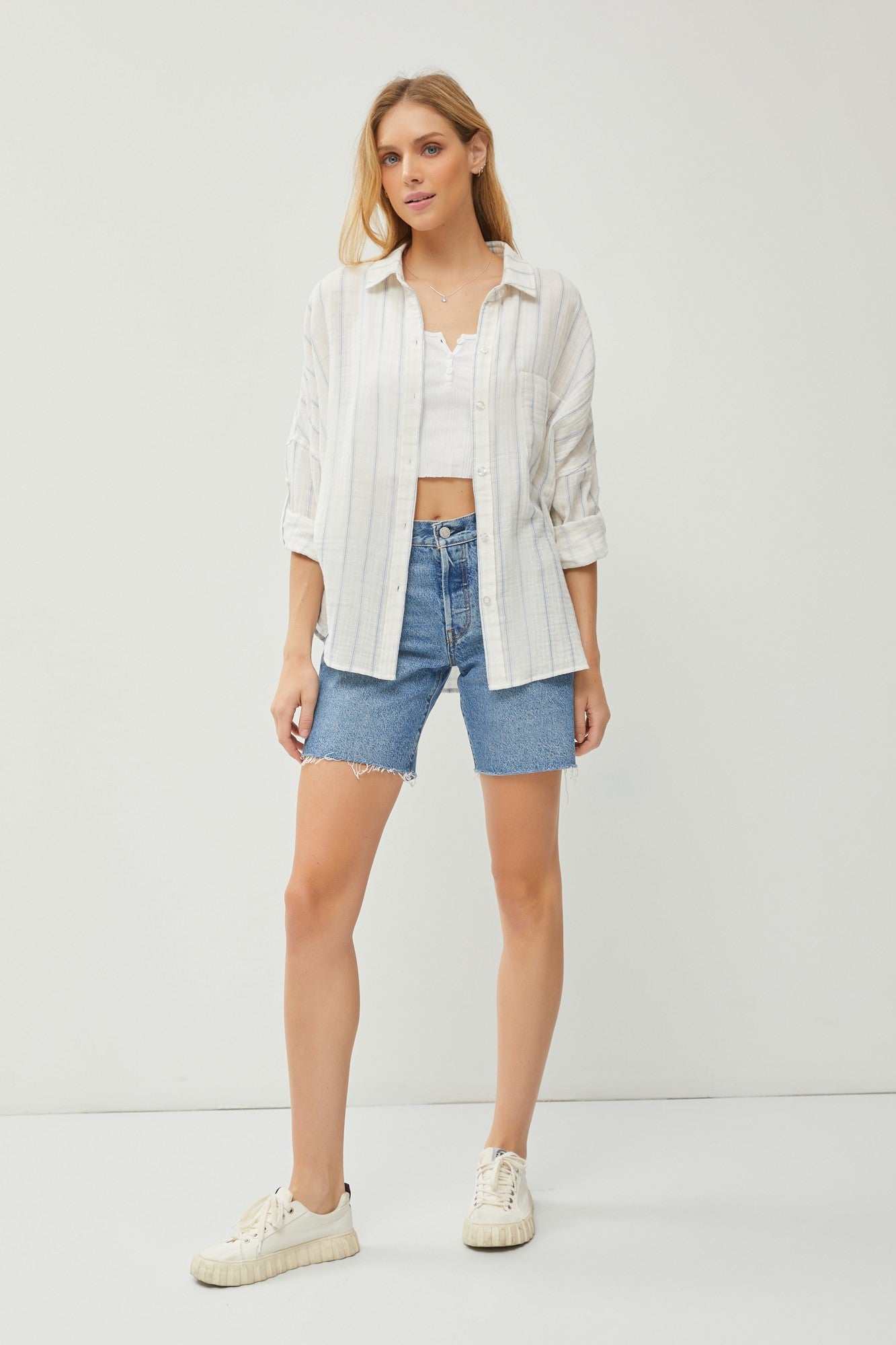 Ivory Striped Gauze Button Down Top