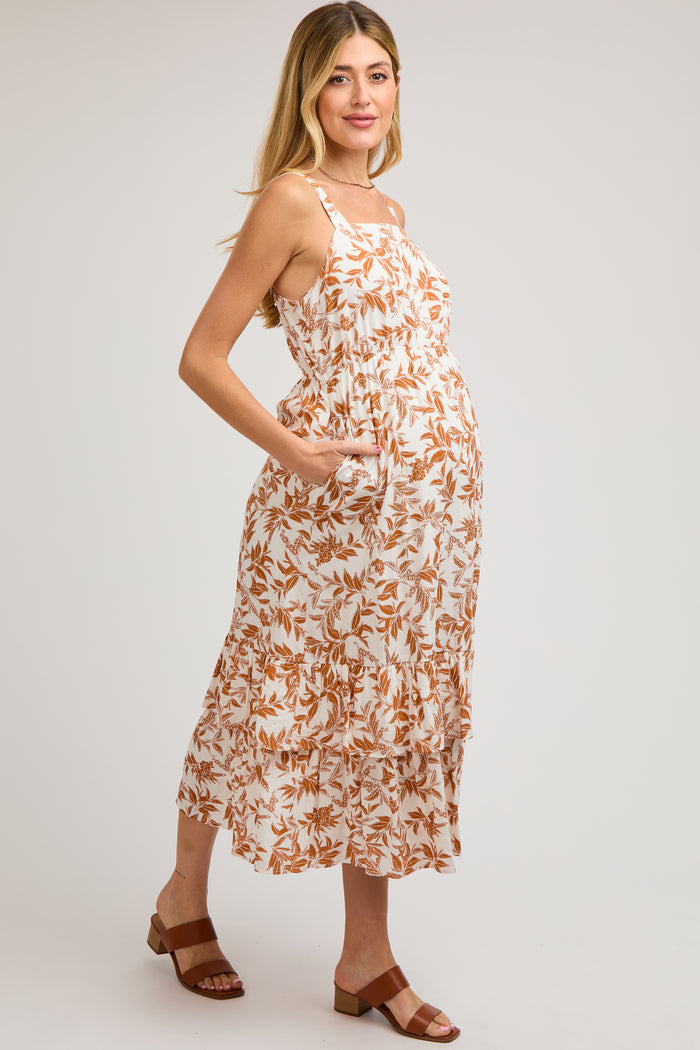 Camel Floral Sleeveless Ruffle Hem Maternity Maxi Dress