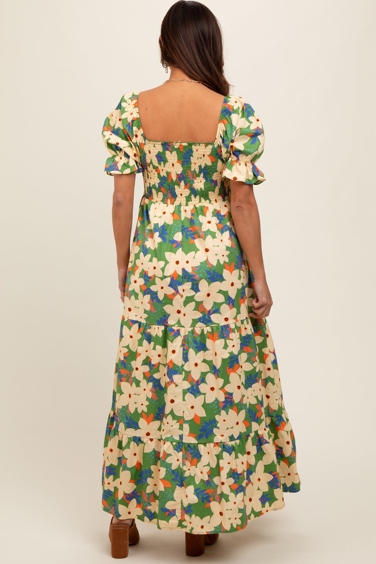 Green Floral Puff Sleeve Maternity Maxi Dress
