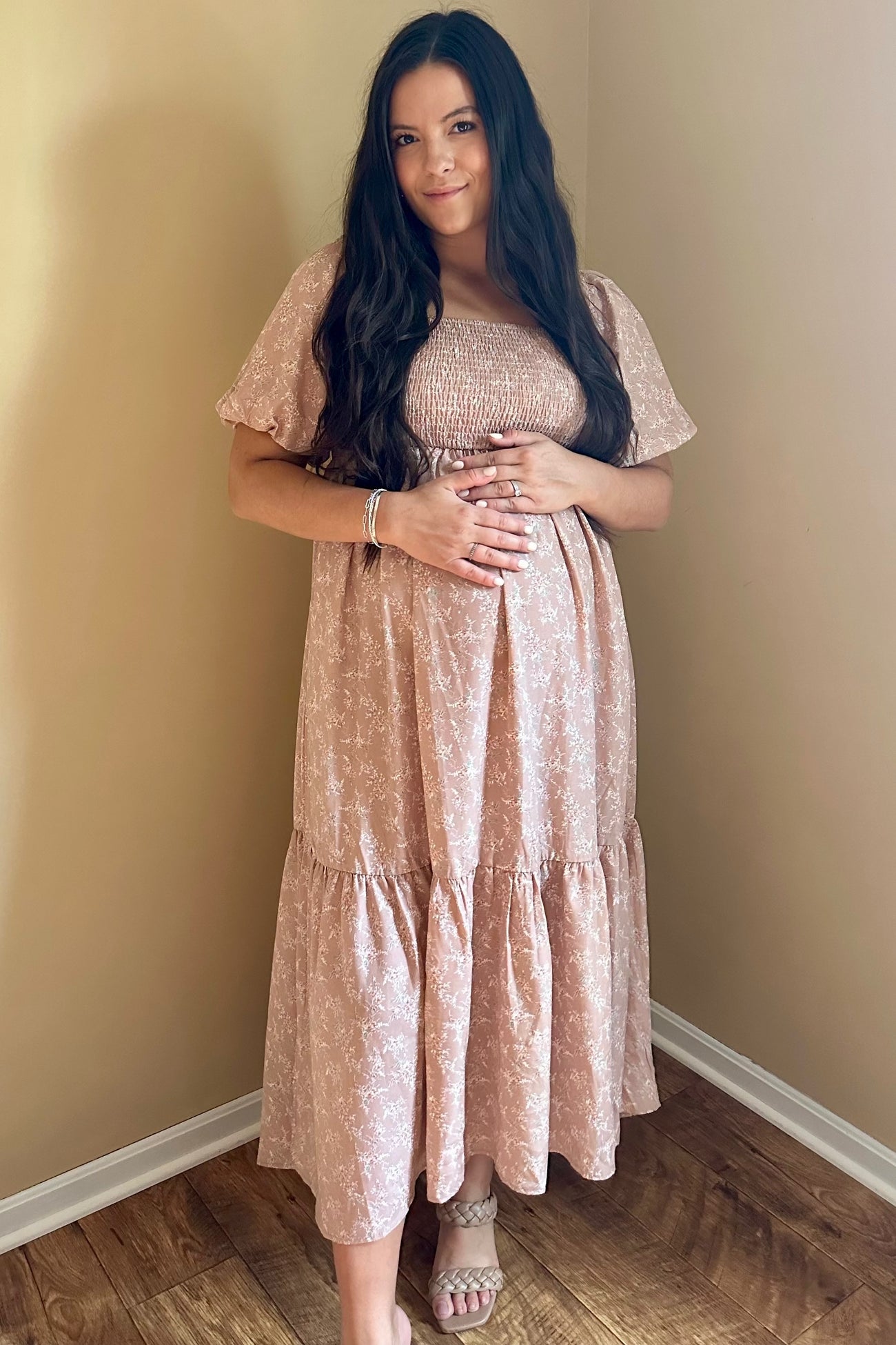 Light Pink Floral Smocked Square Neck Short Puff Sleeve Maternity Midi Dress