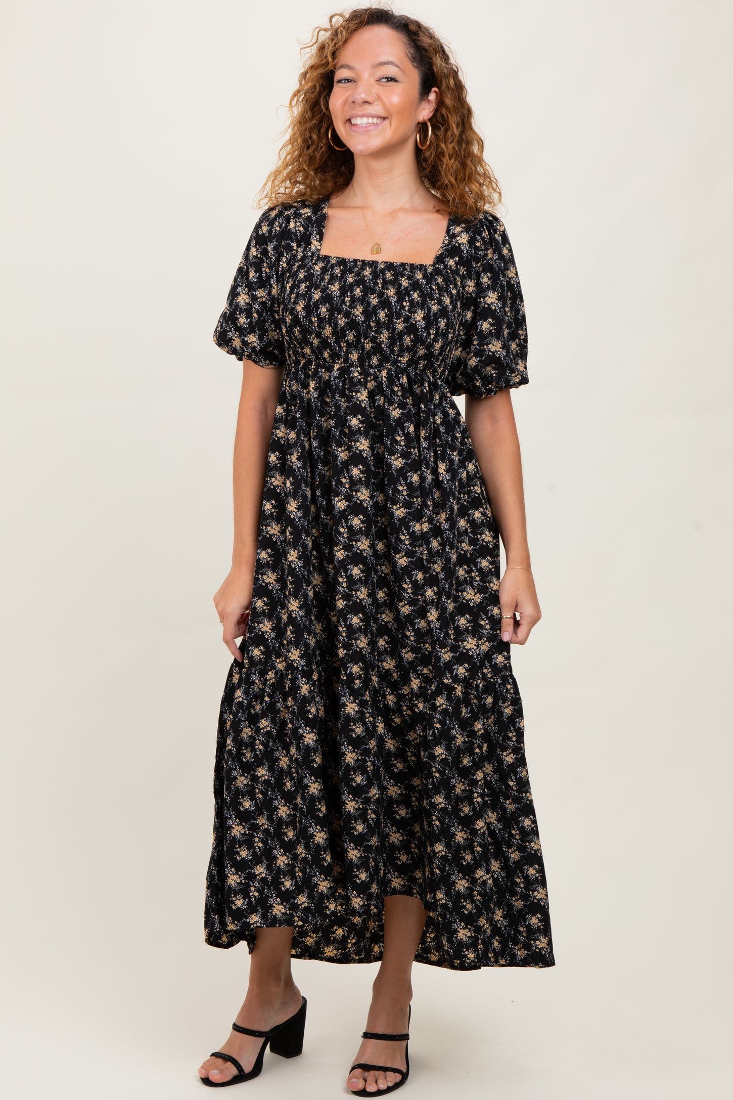 Black Floral Smocked Square Neck Short Puff Sleeve Maternity Midi Dress