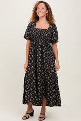 Black Floral Smocked Square Neck Short Puff Sleeve Midi Dress