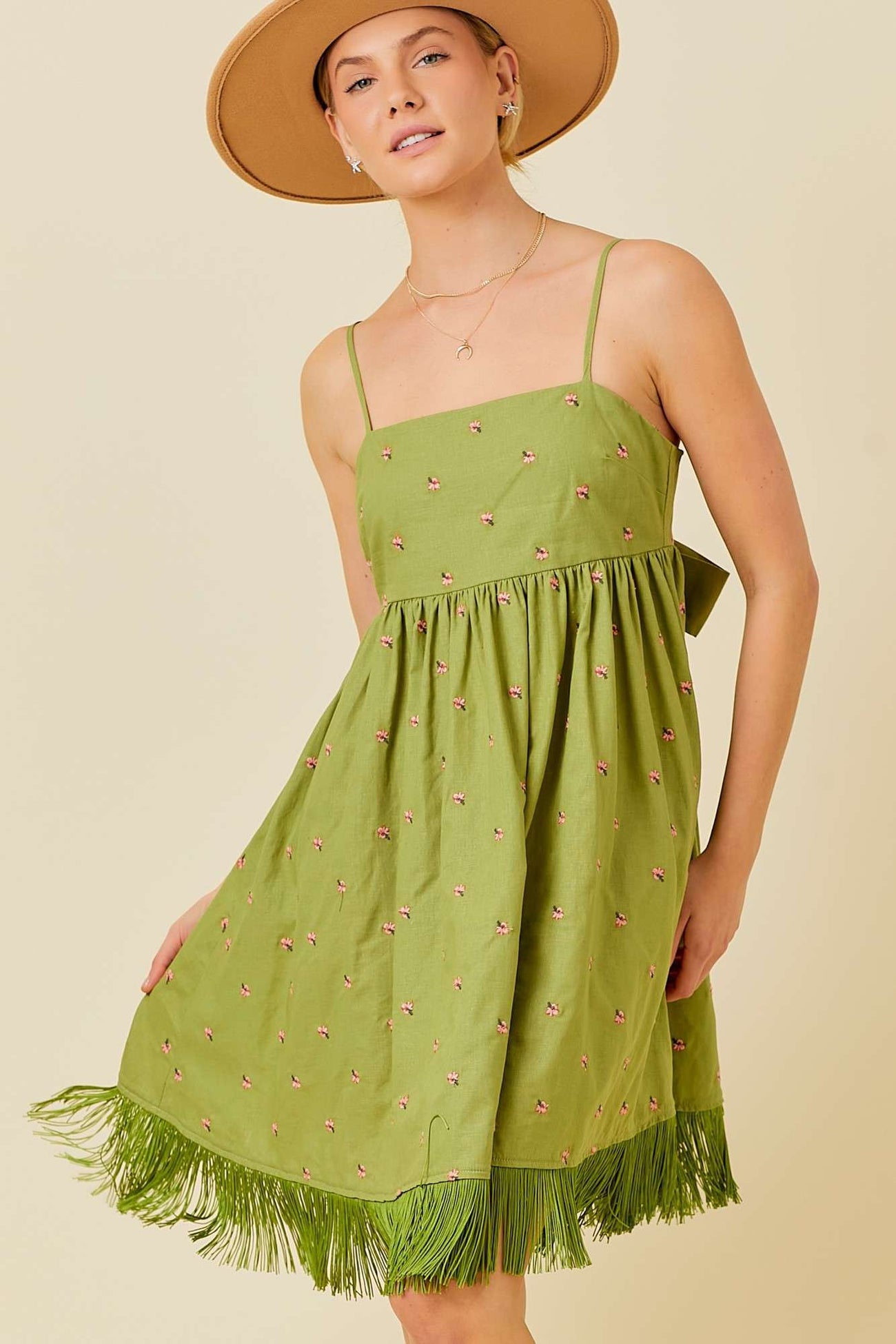 Green Floral Embroidered Back Cutout Tassel Fringe Dress