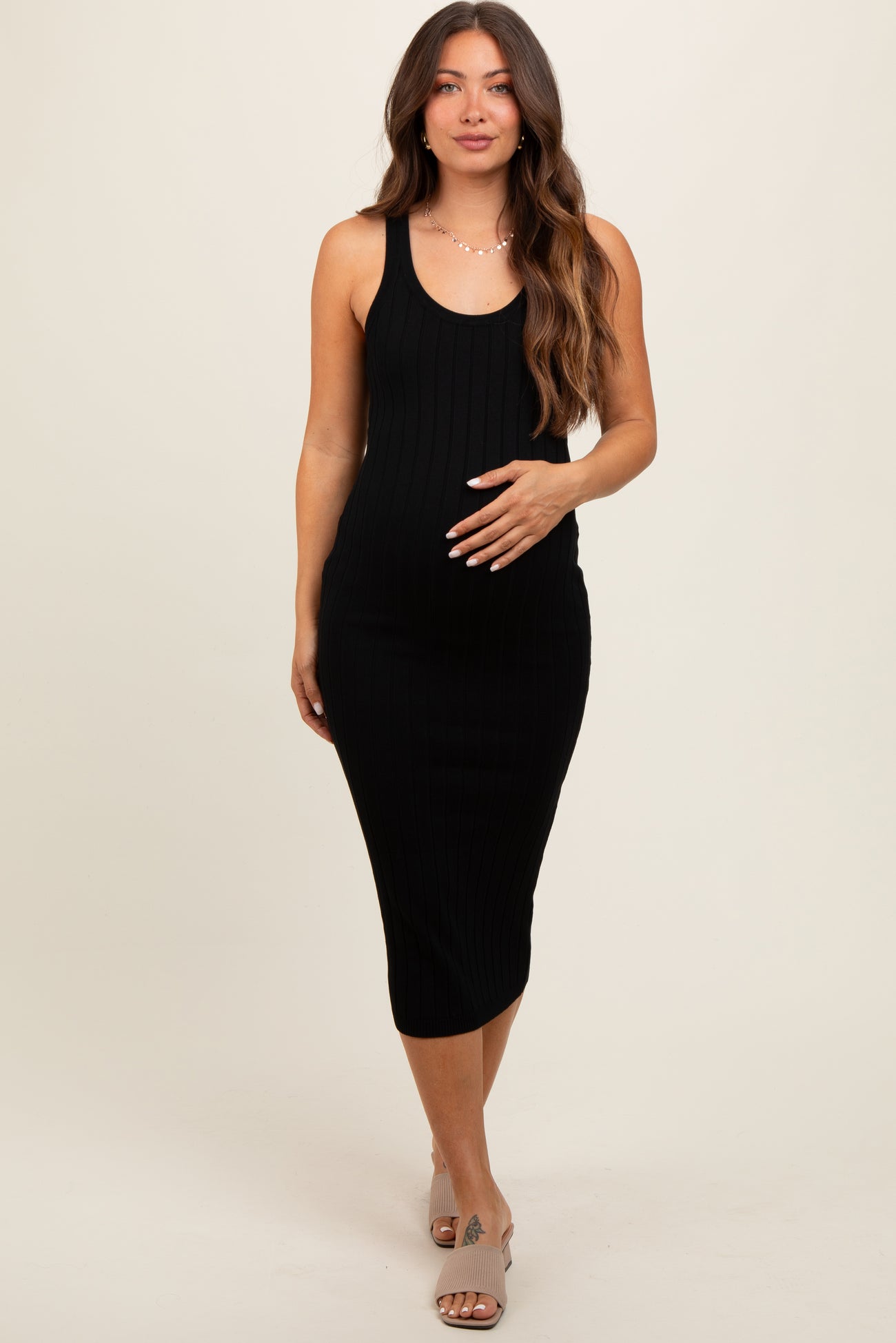 Black Rib Knit Sleeveless Maternity Midi Dress