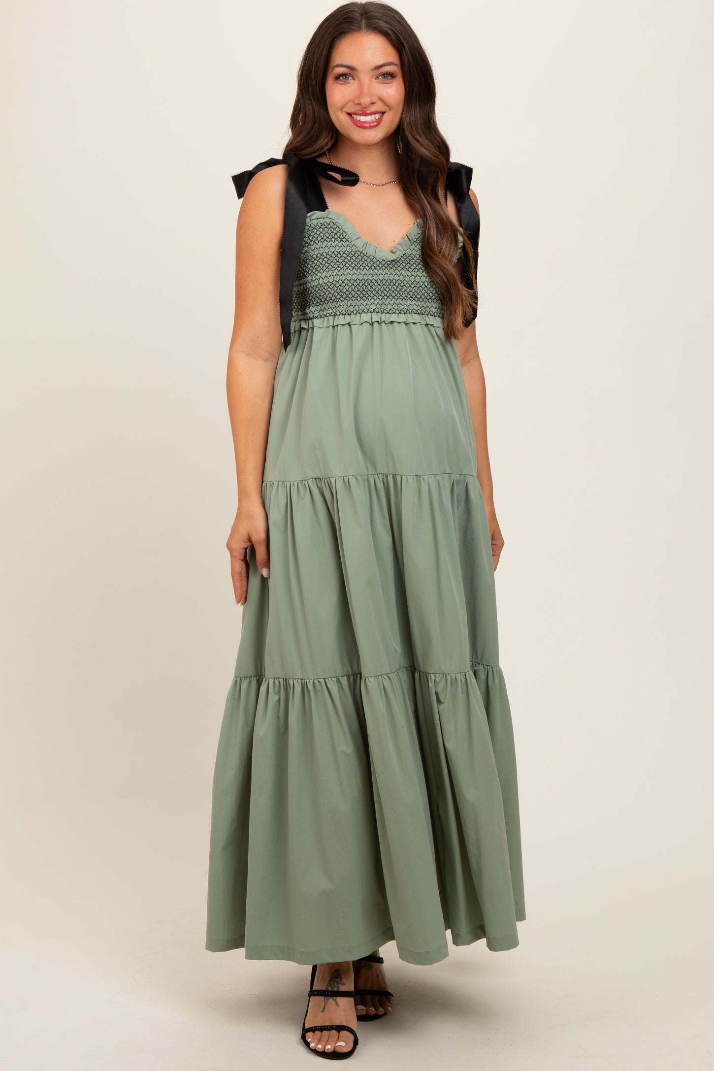 Olive Sweetheart Neck Smocked Embroidered Ribbon Shoulder Tie Maternity Midi Dress