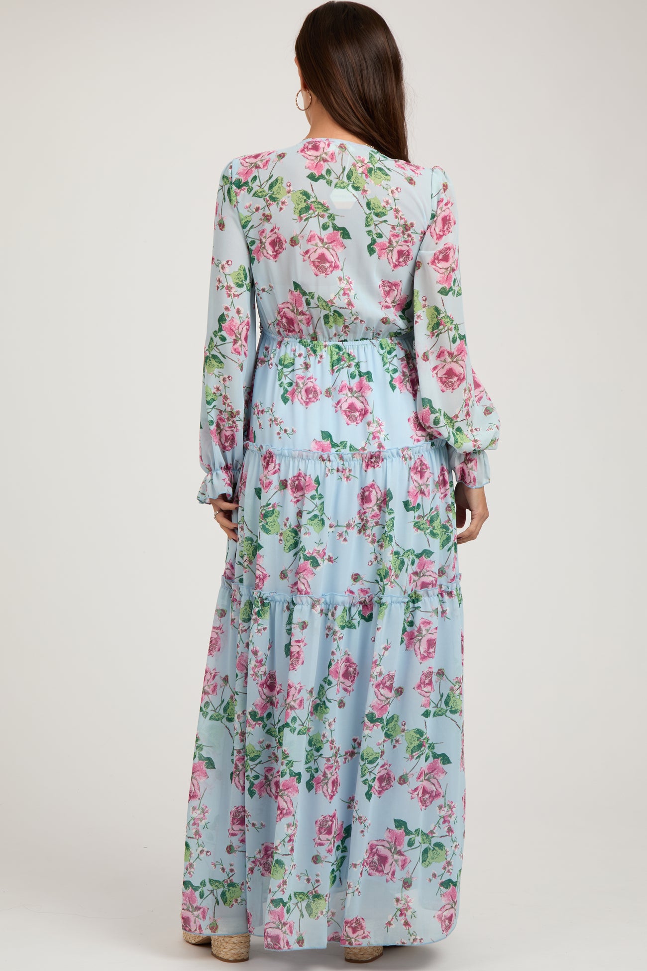Blue Floral Chiffon Ruffle Tiered Maternity Maxi Dress