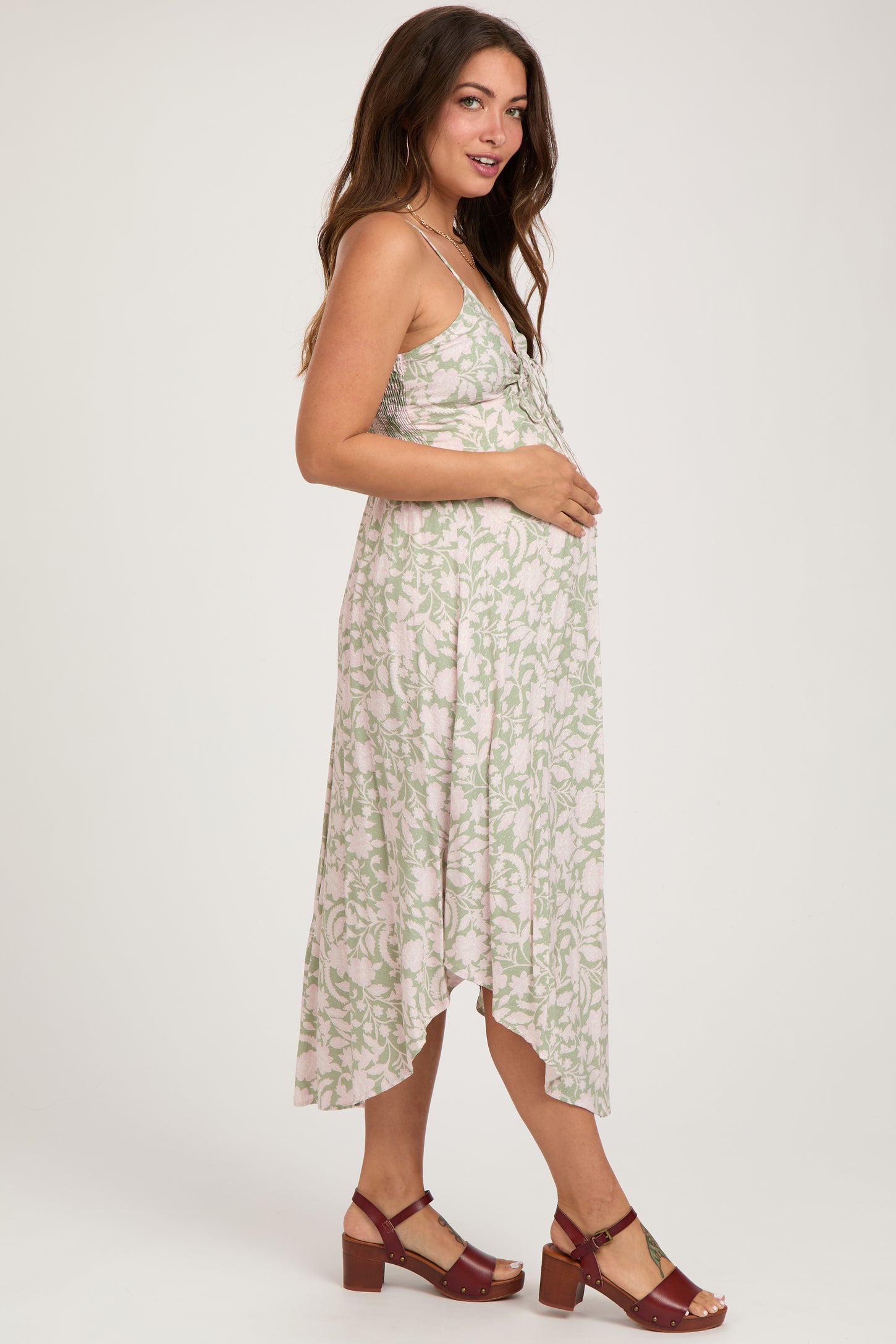 Light Olive Floral Front Tie V-Neck Maternity Midi Dress