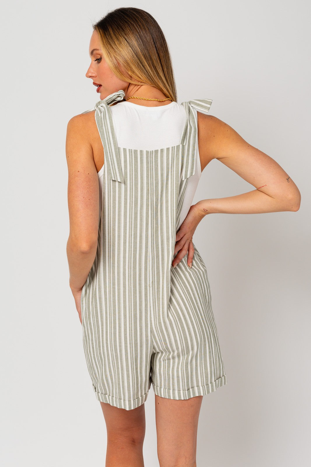 Light Olive Front Pocket Tie Strap Romper