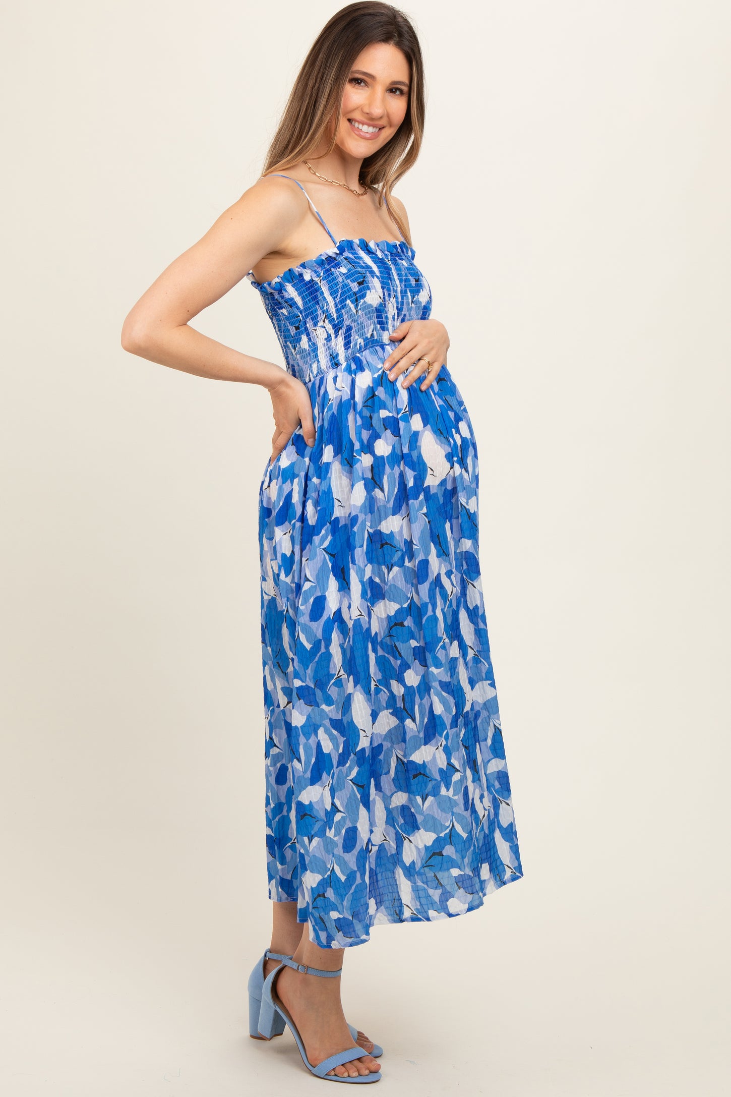 Royal Blue Abstract Floral Smocked Maternity Midi Dress