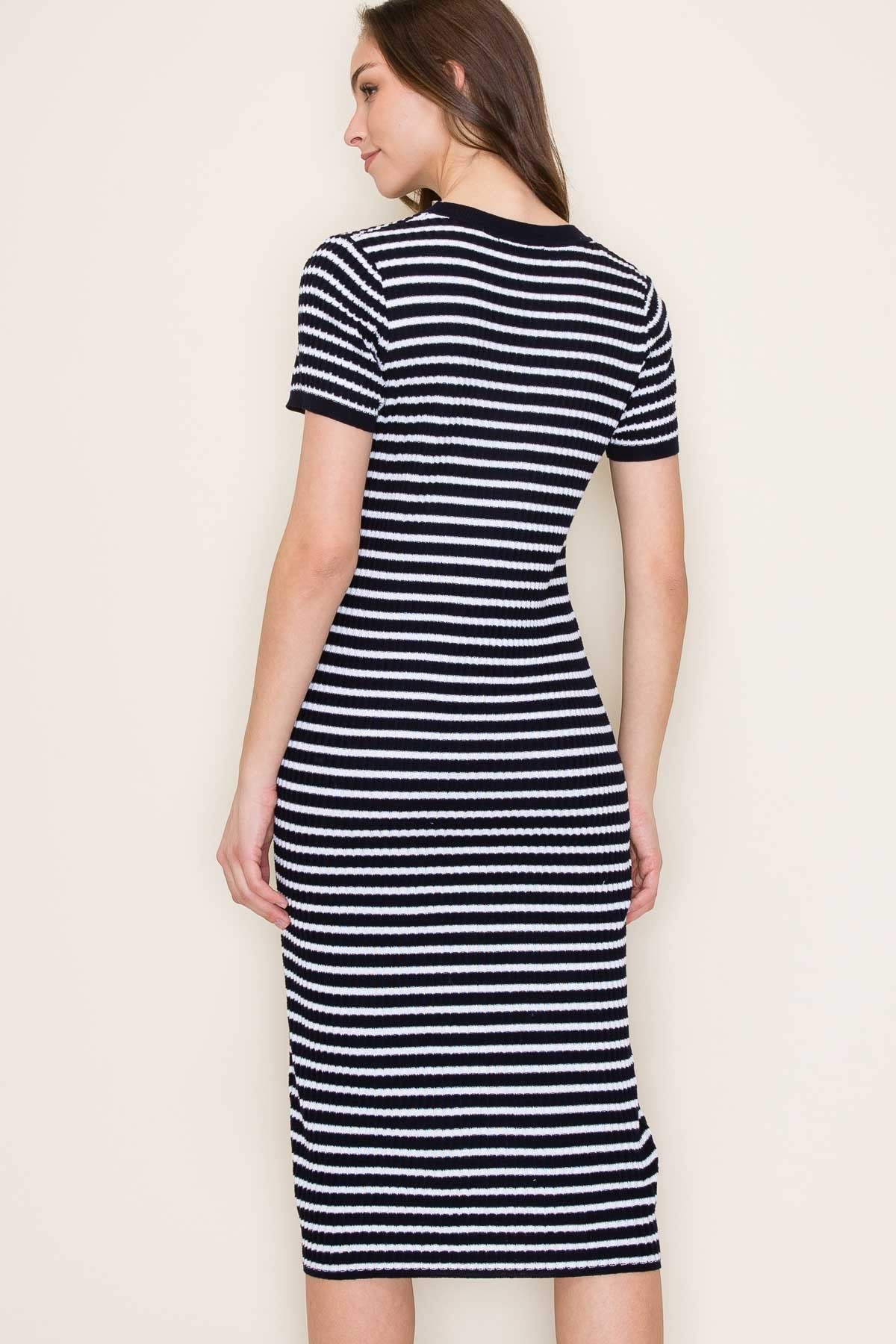 Navy Striped Knit Midi Dress