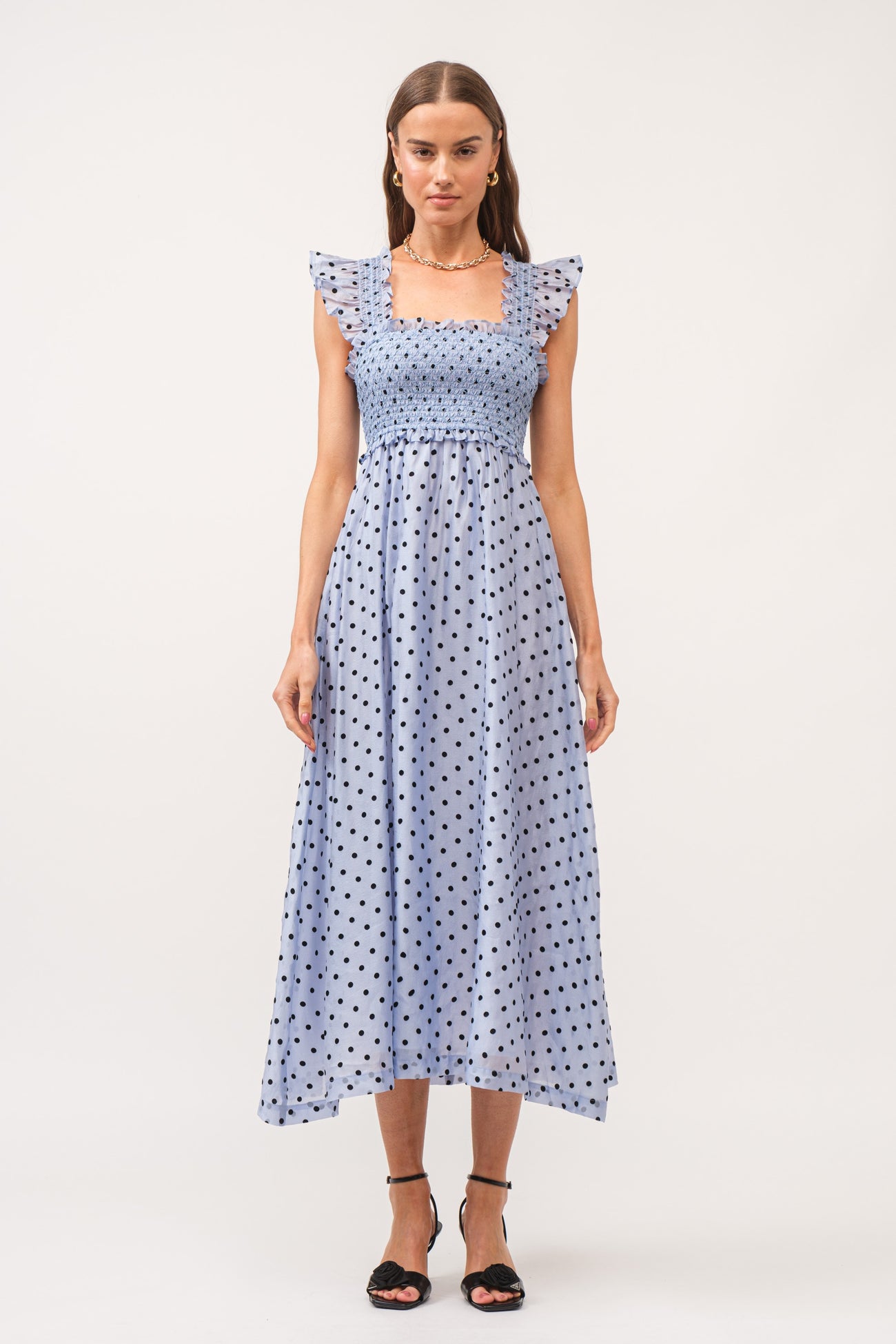 Blue Polka Dot Smocked Maternity Midi Dress