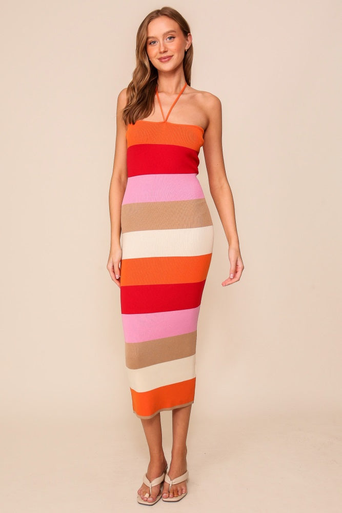 Orange Bodycon Halter Maternity Midi Dress