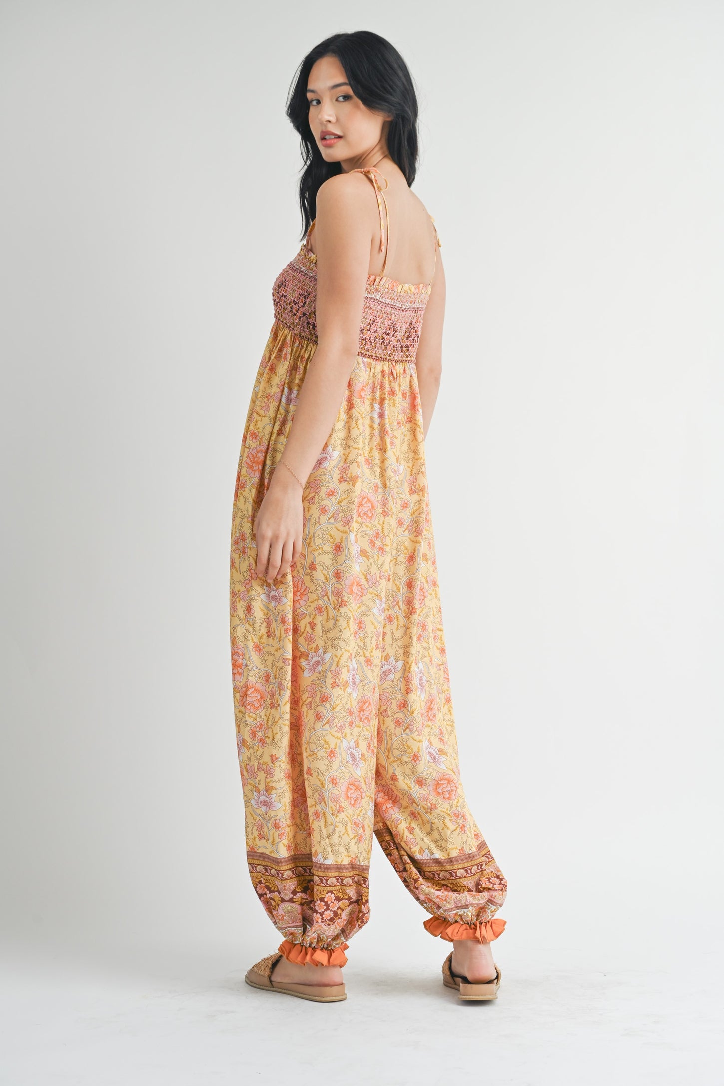 Yellow Floral Border Print Smocked Shoulder Tie Jumpsuit