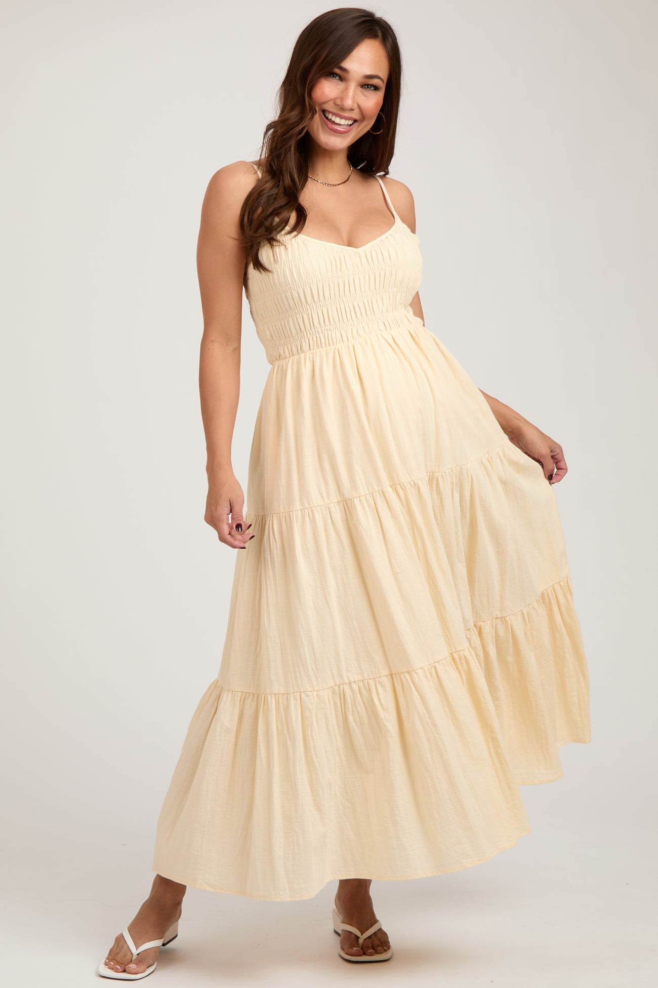 Cream Smocked V-Neck Sleeveless Tiered Maternity Midi Dress