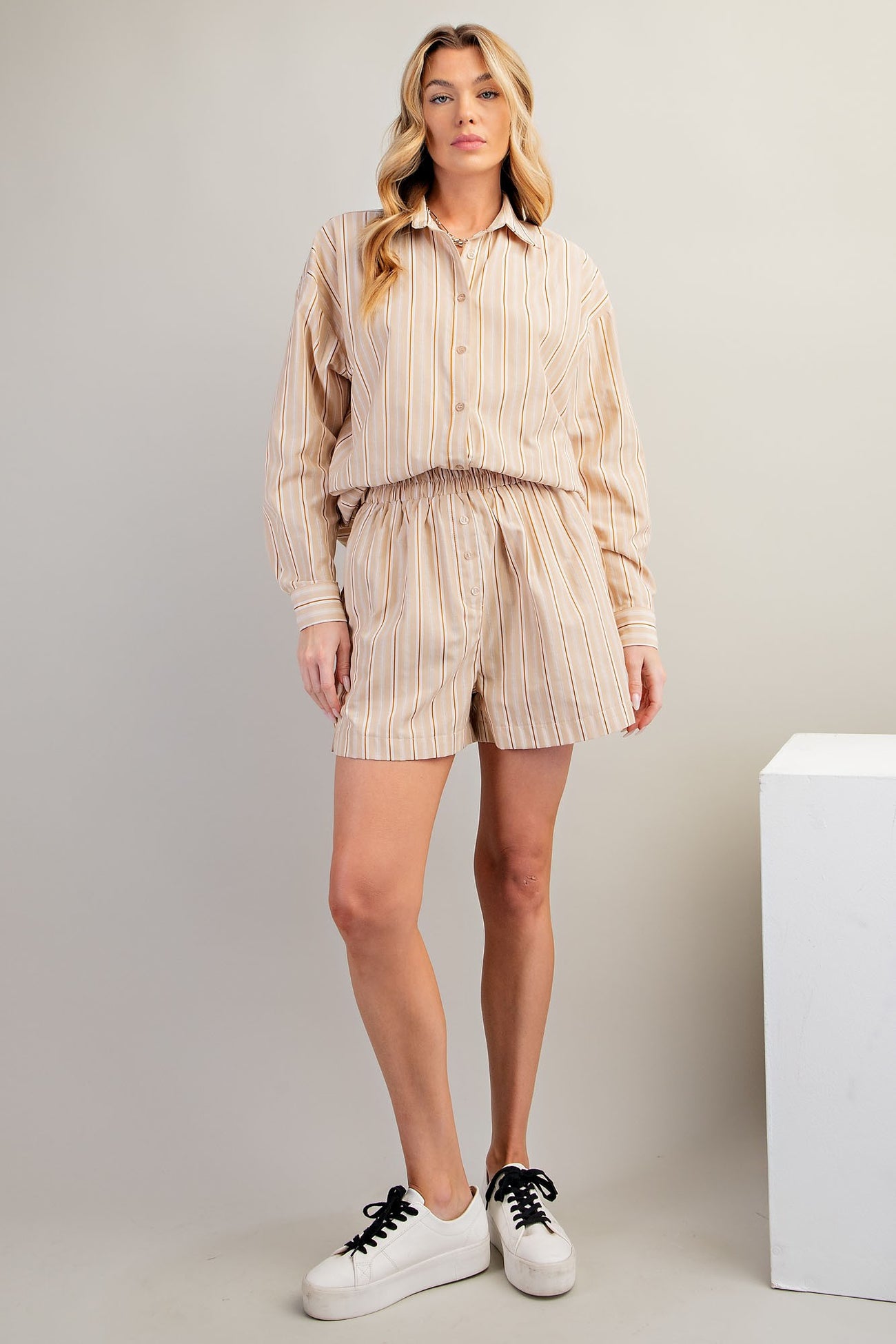 Beige Striped Button Accent Maternity Shorts