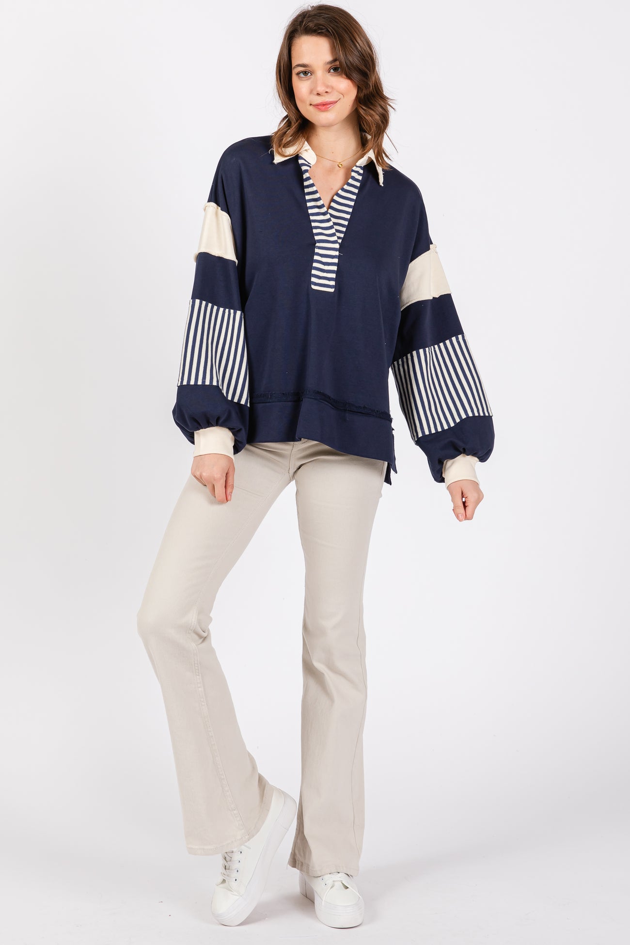 Navy Colorblock Striped Long Sleeve Top