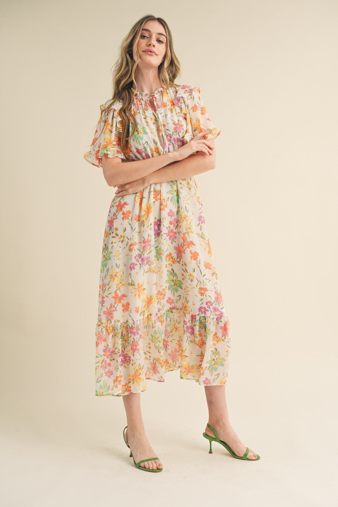 Ivory Floral Ruffle Accent Maternity Midi Dress