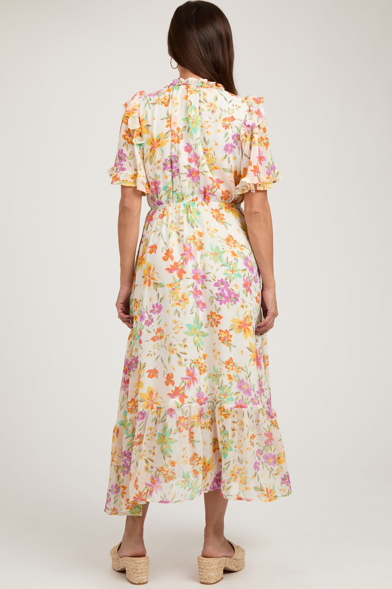 Ivory Floral Ruffle Accent Maternity Midi Dress