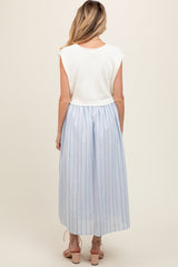 Light Blue Knit Striped Skirt Pocketed Sleeveless Maternity Midi Dress