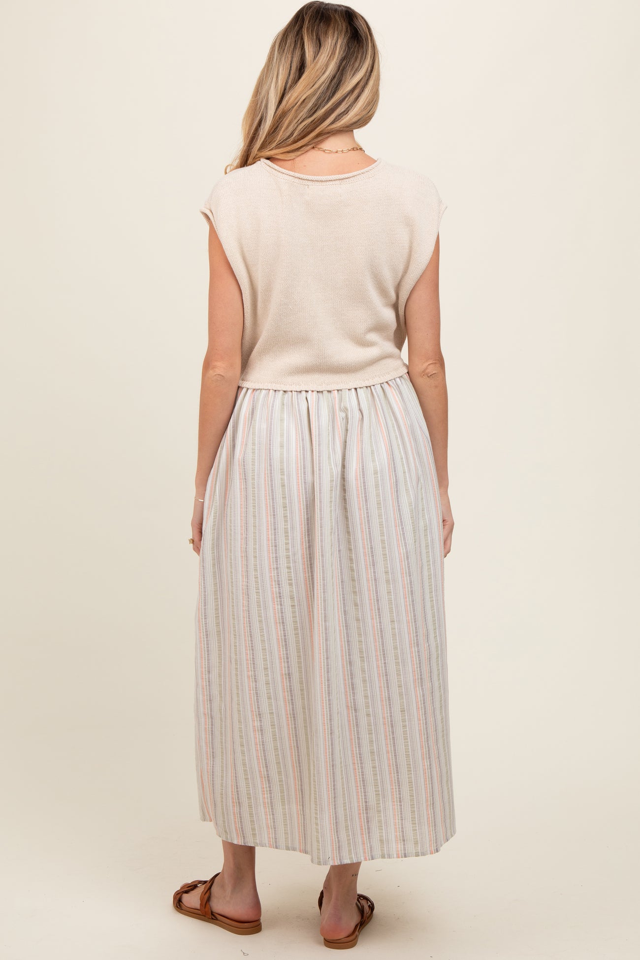Sage Knit Striped Skirt Pocketed Sleeveless Maternity Midi Dress