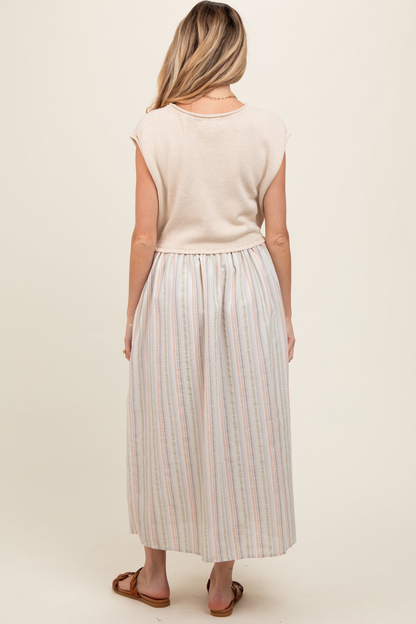 Sage Knit Striped Skirt Pocketed Sleeveless Maternity Midi Dress
