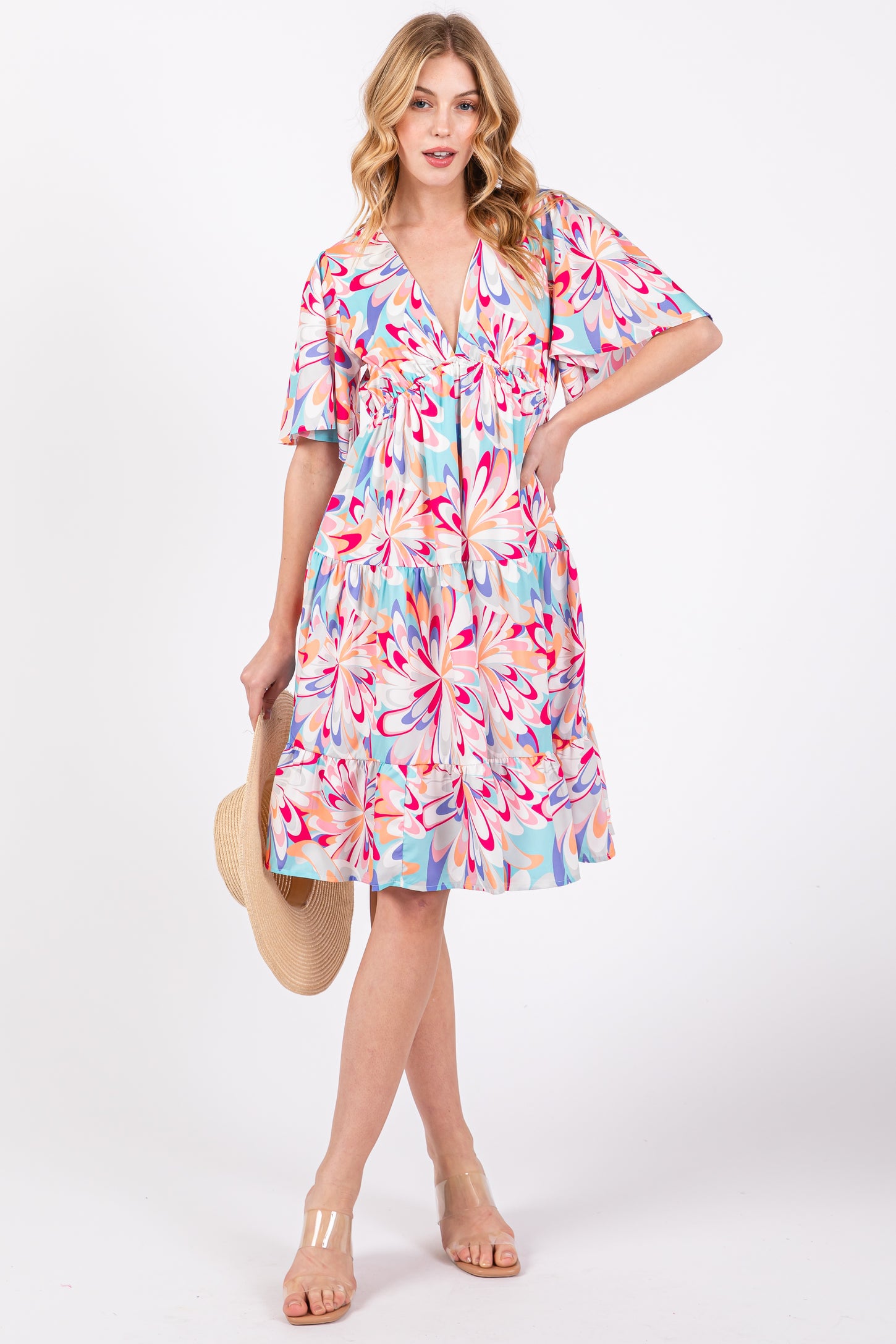 Mint Green V-Neck Flutter Short Sleeve Tiered Maternity Dress