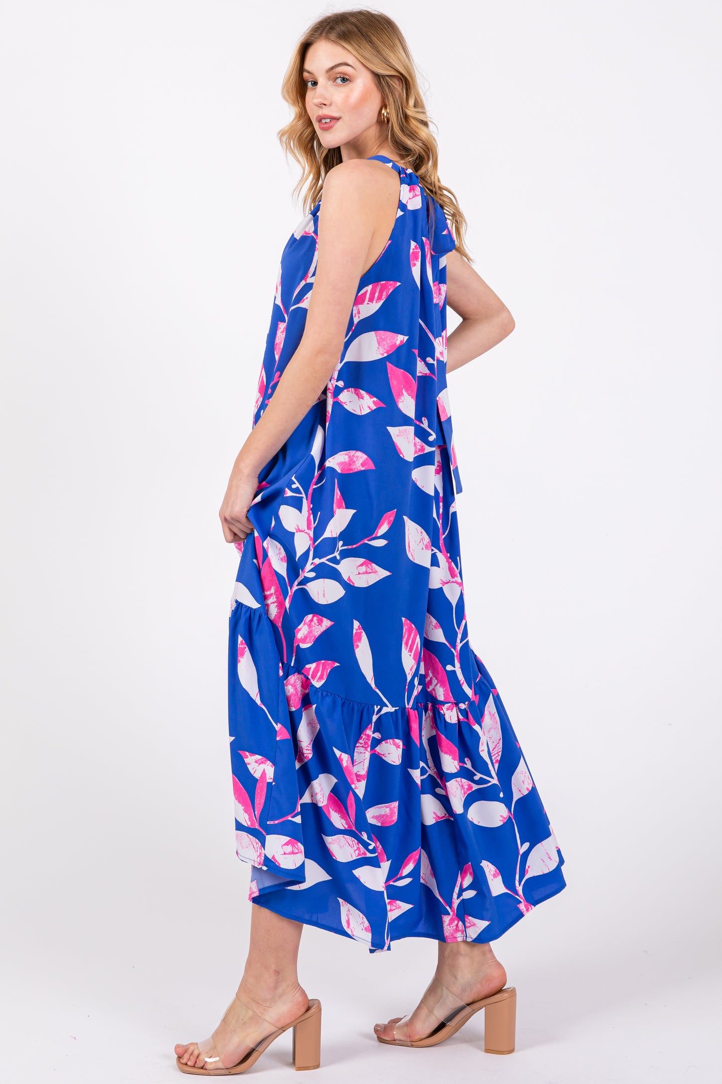 Blue Halter Leaf Print Midi Dress