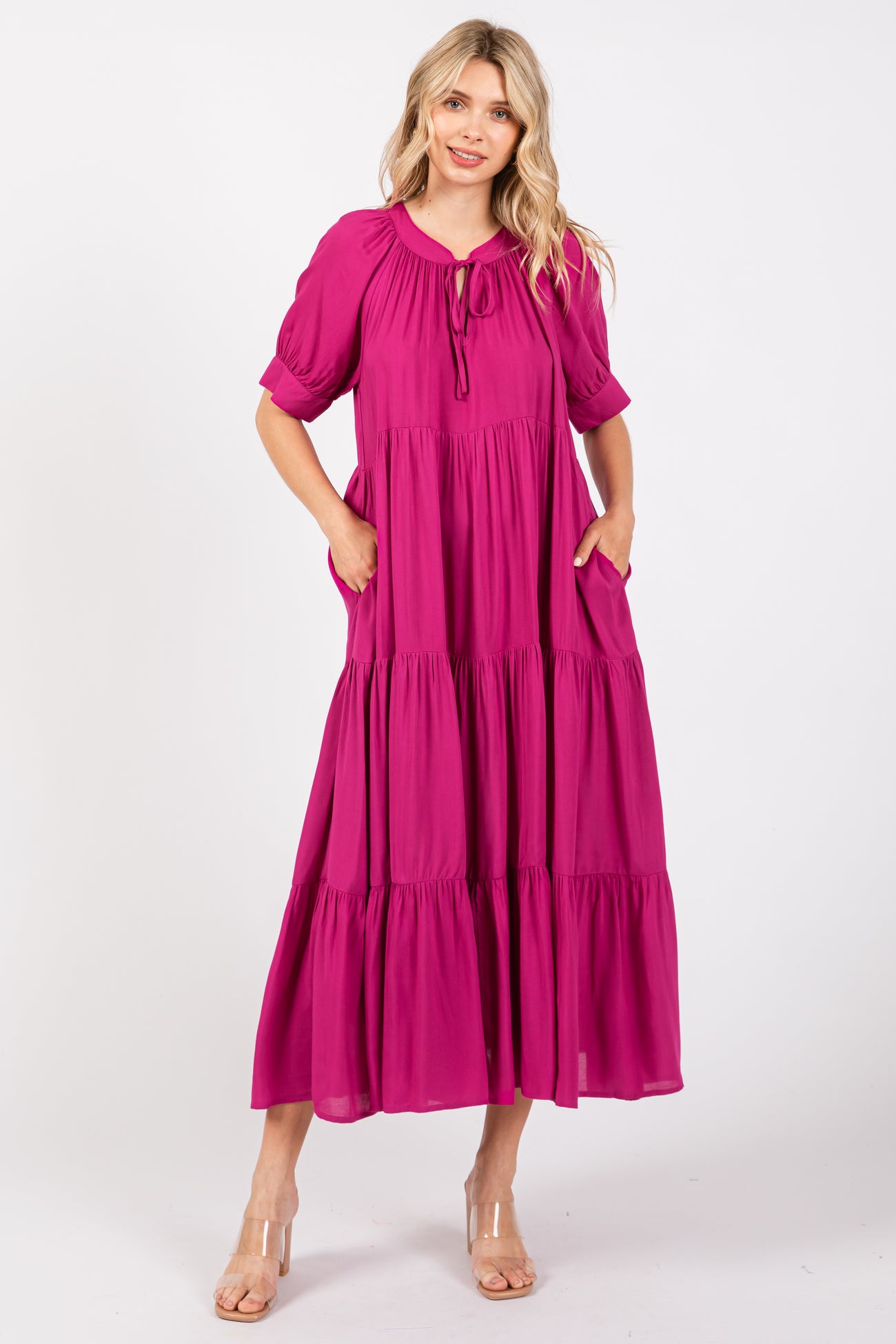 Magenta Lightweight Flowy Tiered Maternity Maxi Dress