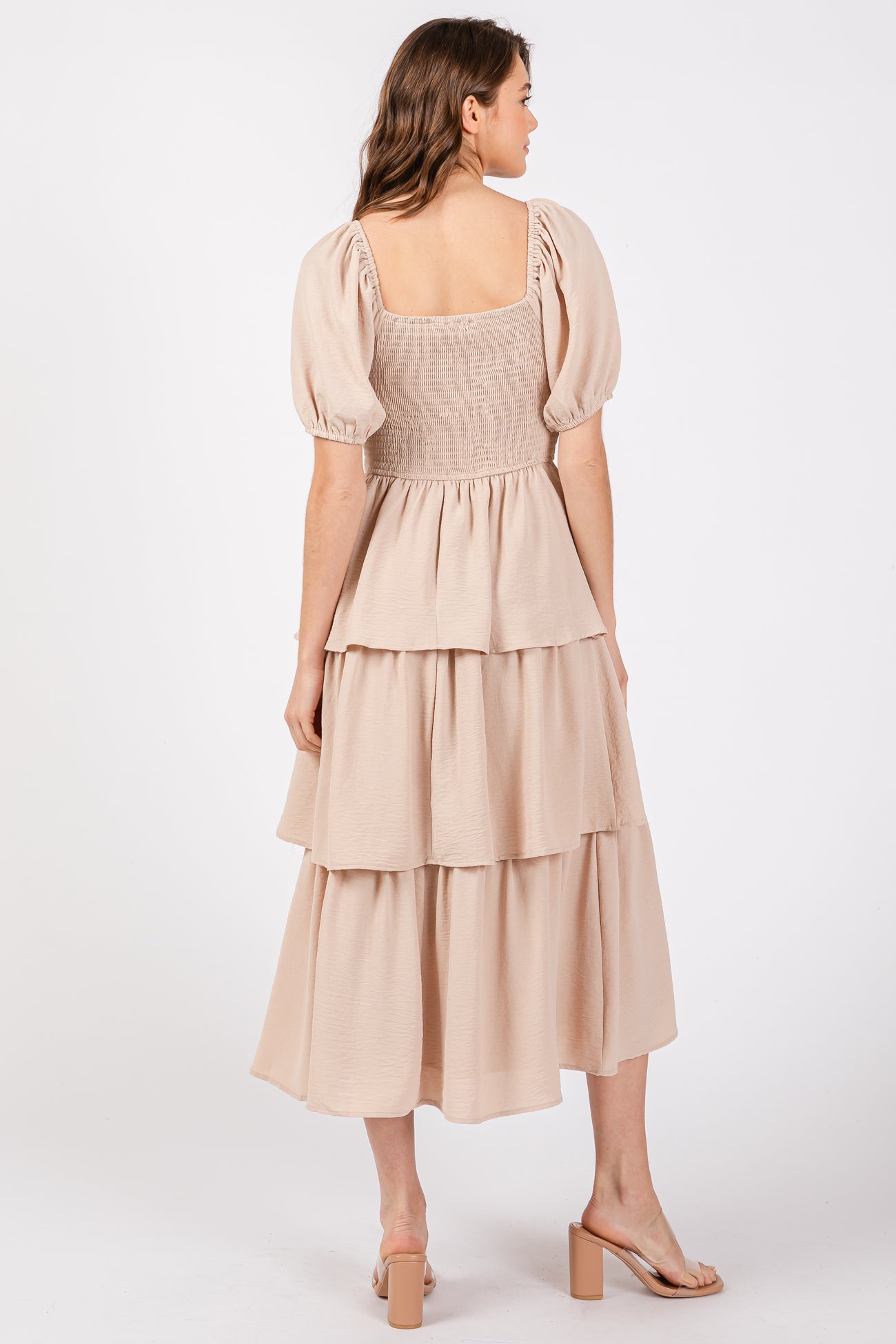 Beige Smocked Square Neck Short Puff Sleeve Ruffle Tiered Midi Dress