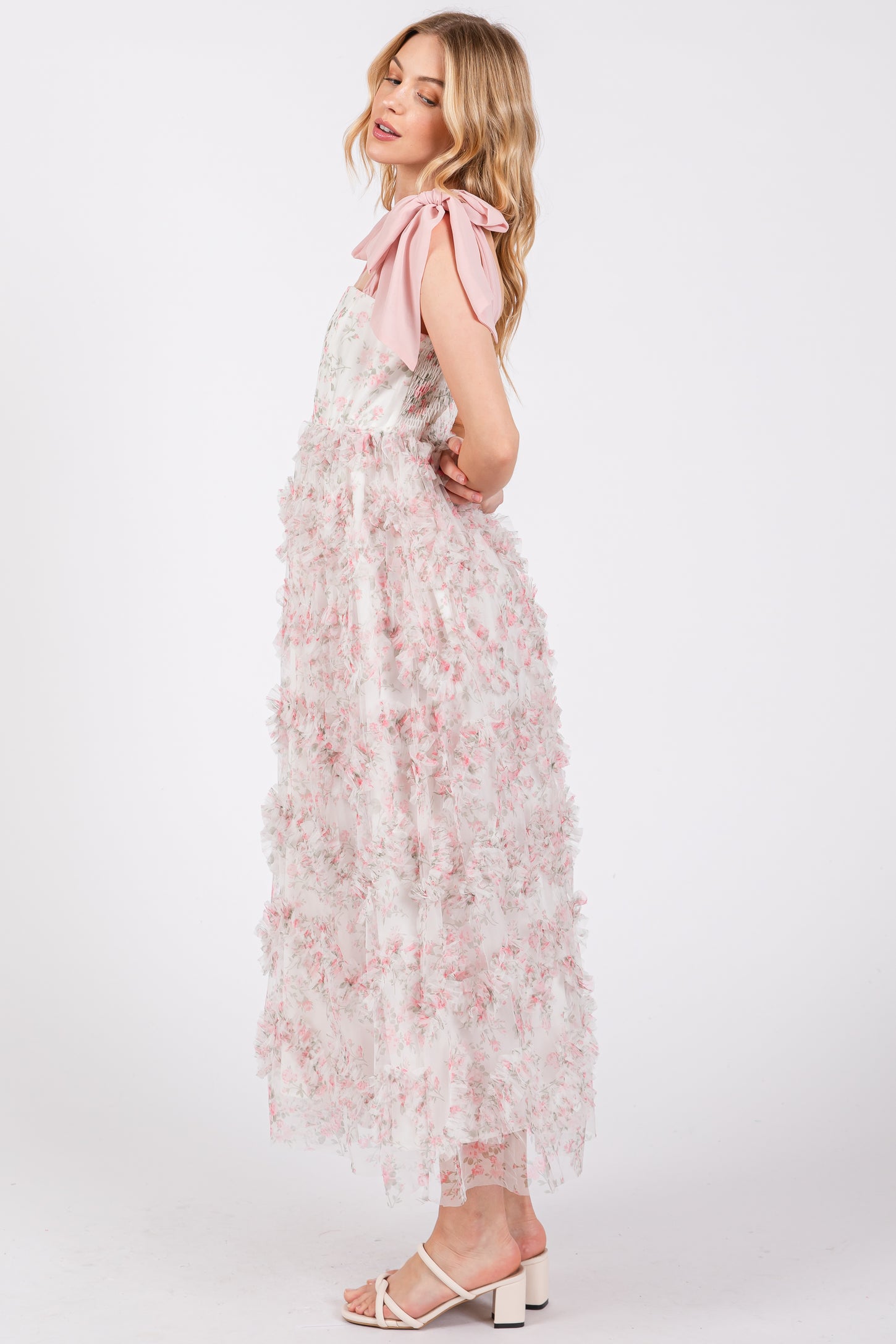 Light Pink Floral Ruffle Tiered Maxi Dress
