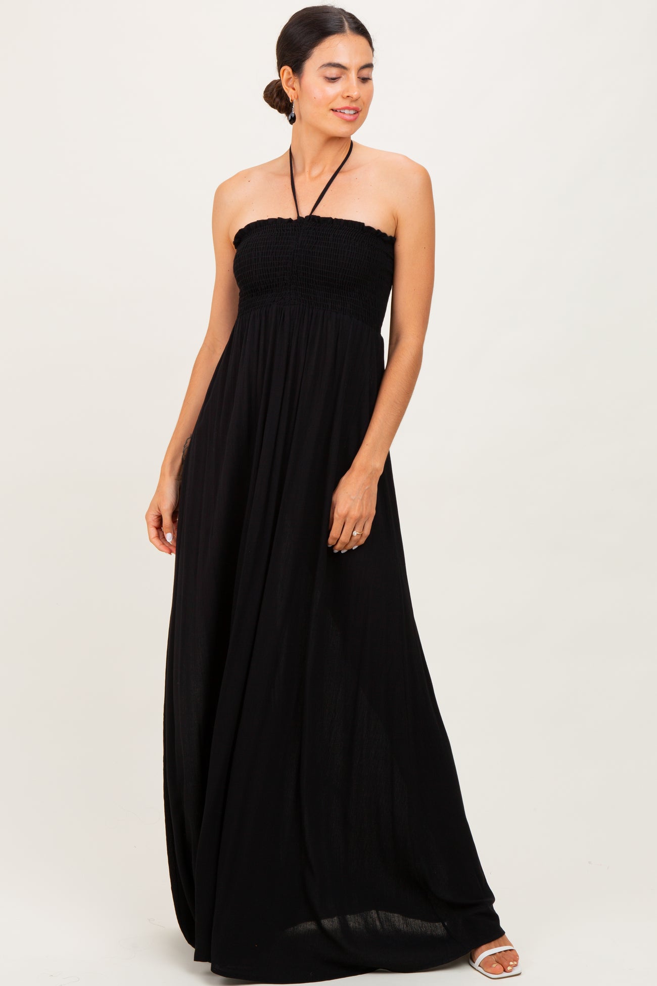 Black Smocked Halter Maternity Maxi Dress