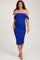 woman wearing a bright blue off-the-shoulder maternity dress with ruched detailing and a fitted silhouette, showing her baby bump