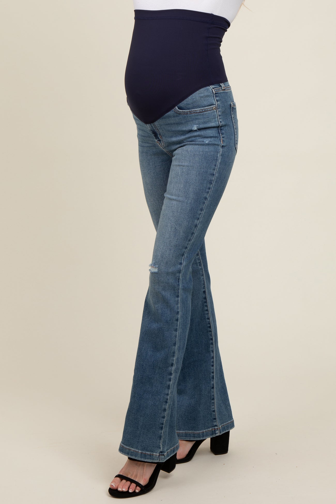 Blue Distressed Knee Flare Leg Maternity Jeans