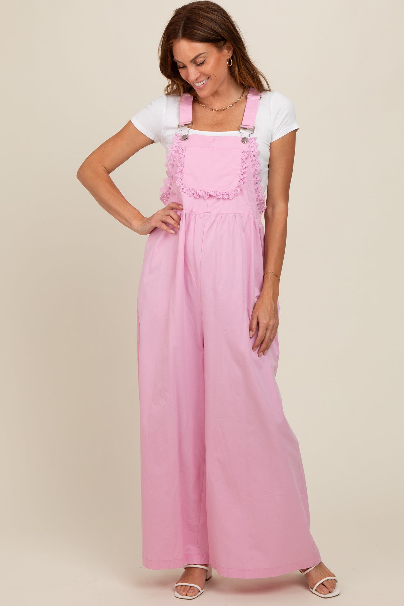 Light Pink Crochet Lace Trim Overalls
