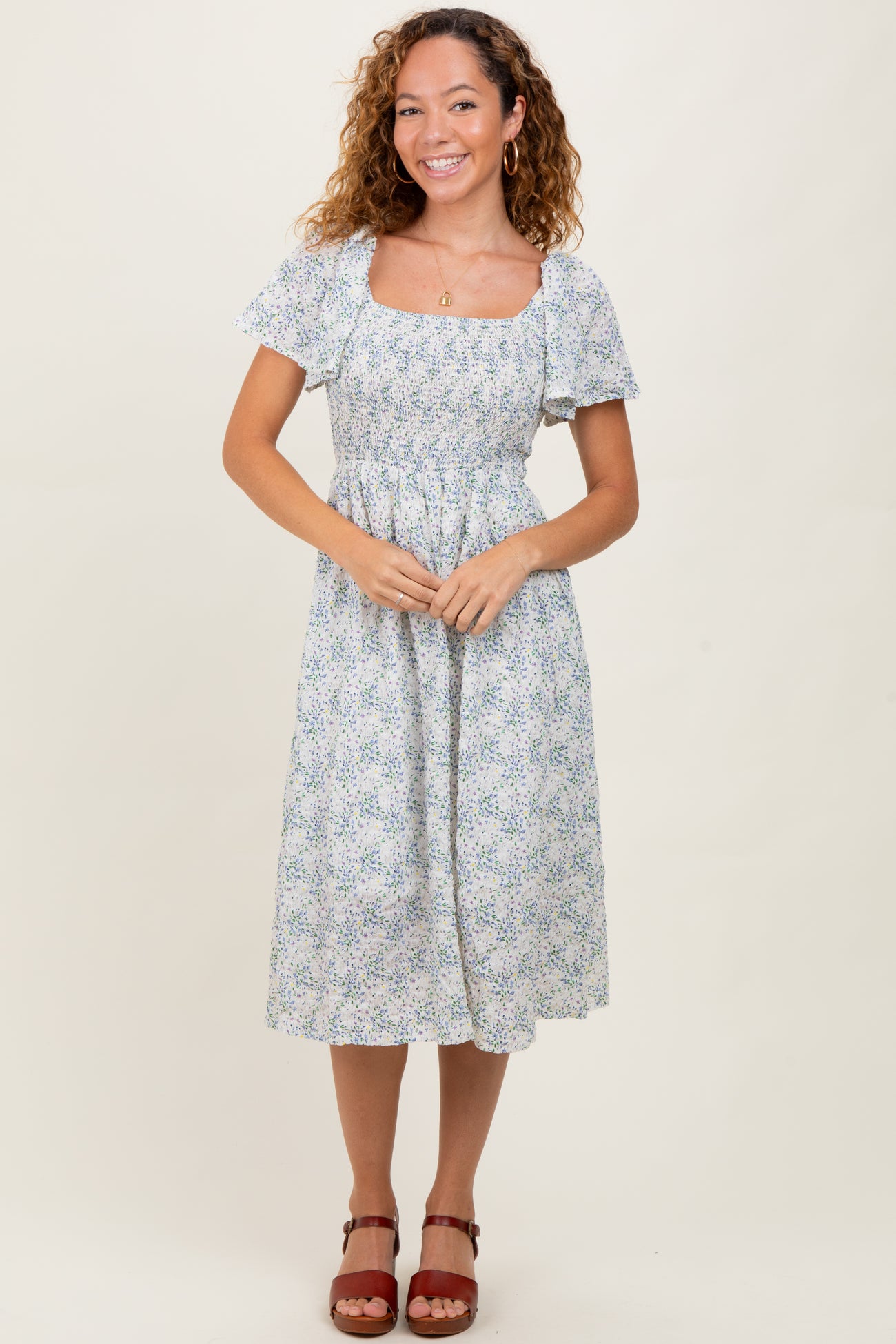 White Floral Square Neck Smocked Midi Dress