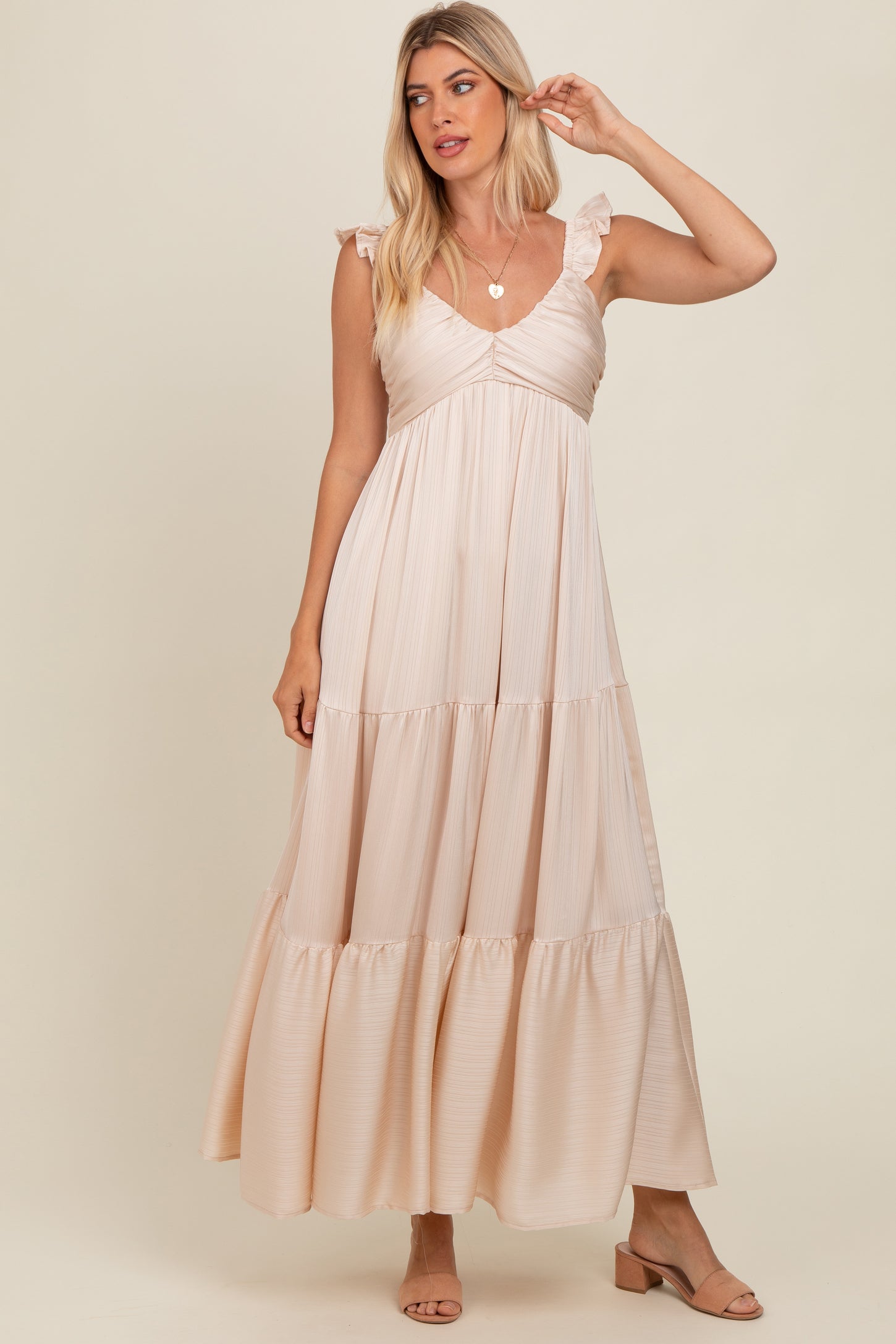 Cream Satin Ruffle Strap Tiered Maxi Dress