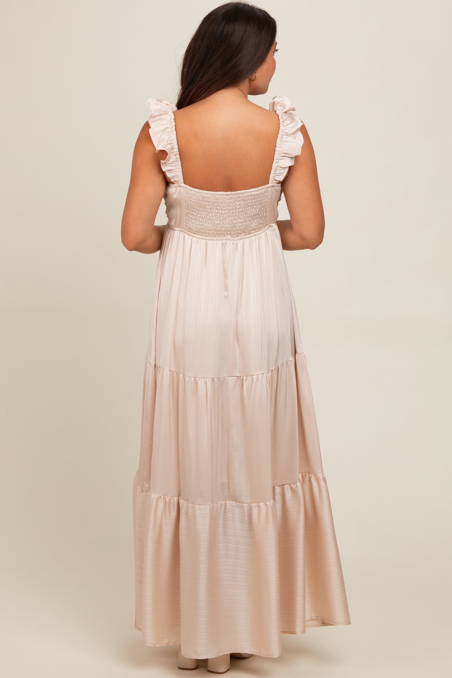 Cream Satin Ruffle Strap Tiered Maternity Maxi Dress