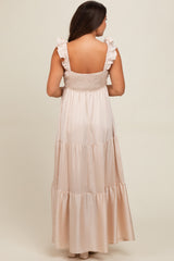 Cream Satin Ruffle Strap Tiered Maternity Maxi Dress