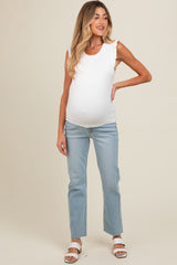 Light Blue Straight Leg Raw Hem Maternity Jeans